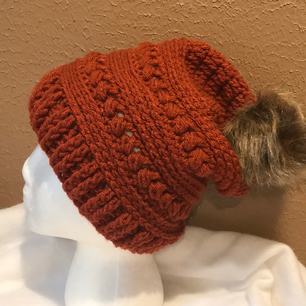 Hand Crocheted Slouchy Hat! Faux Fur Pom Pom